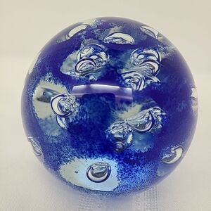 VTG Handblown Art Glass Paperweght Ball Cobalt Blue/clear With Controlled Bubble